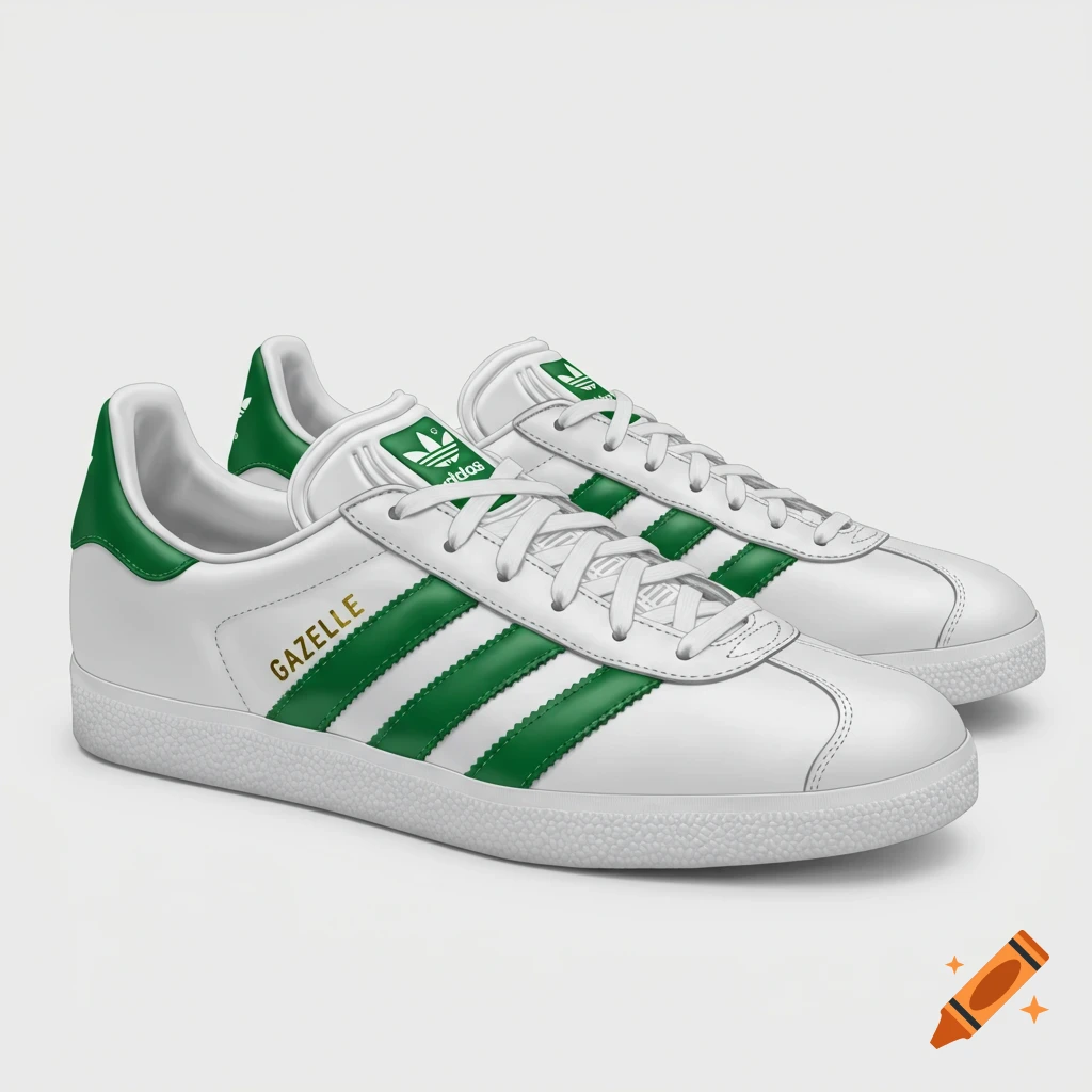 A pair of white Adidas Gazelle sneakers with green stripes and accents on a white background.