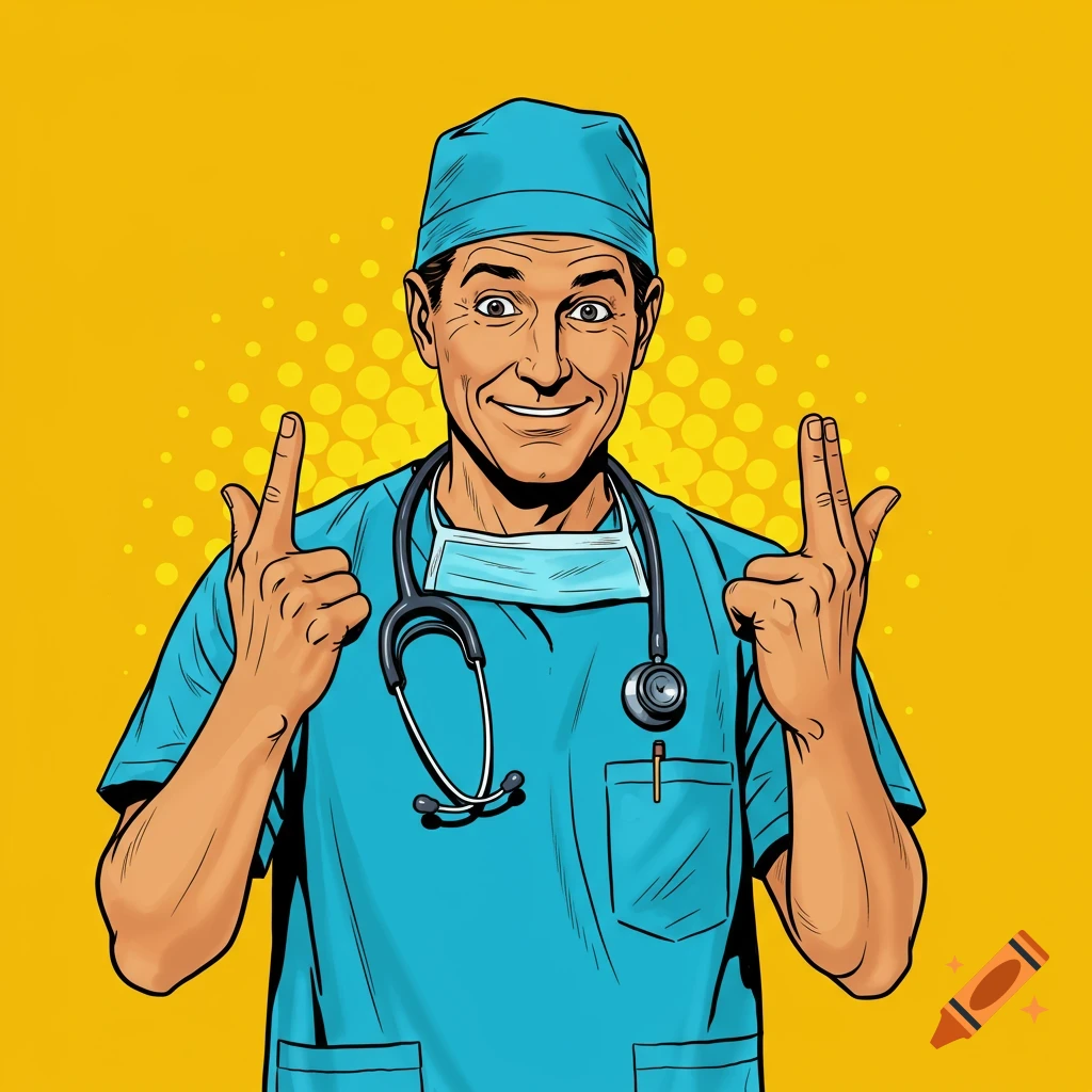 Pop art illustration of a doctor in scrubs making finger gun gestures
