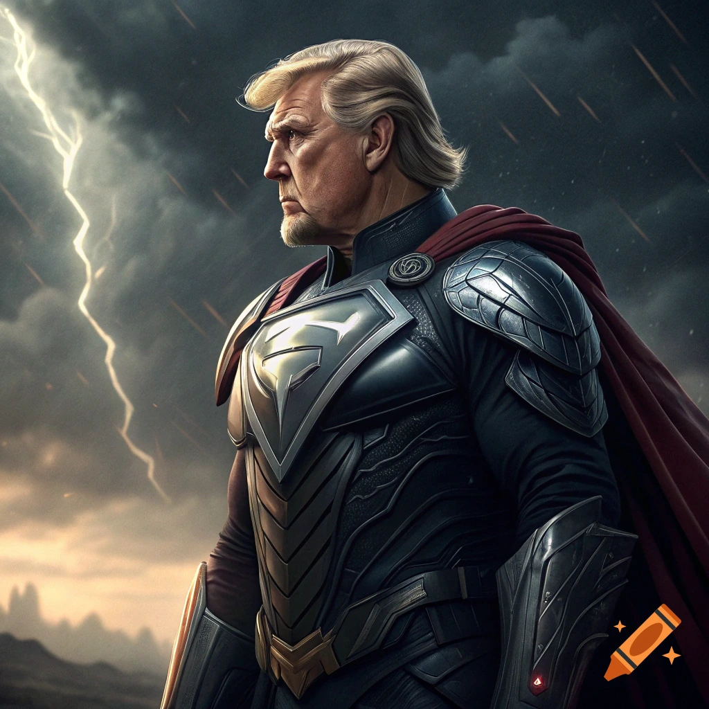 A man resembling Donald Trump wears a dark superhero suit with an 'S' emblem and red cape, standing against a stormy sky with lightning. Photorealistic style.