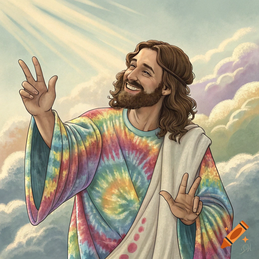 Jesus smiling, wearing a colorful tie-dye shirt, making peace signs against a cloudy sky.