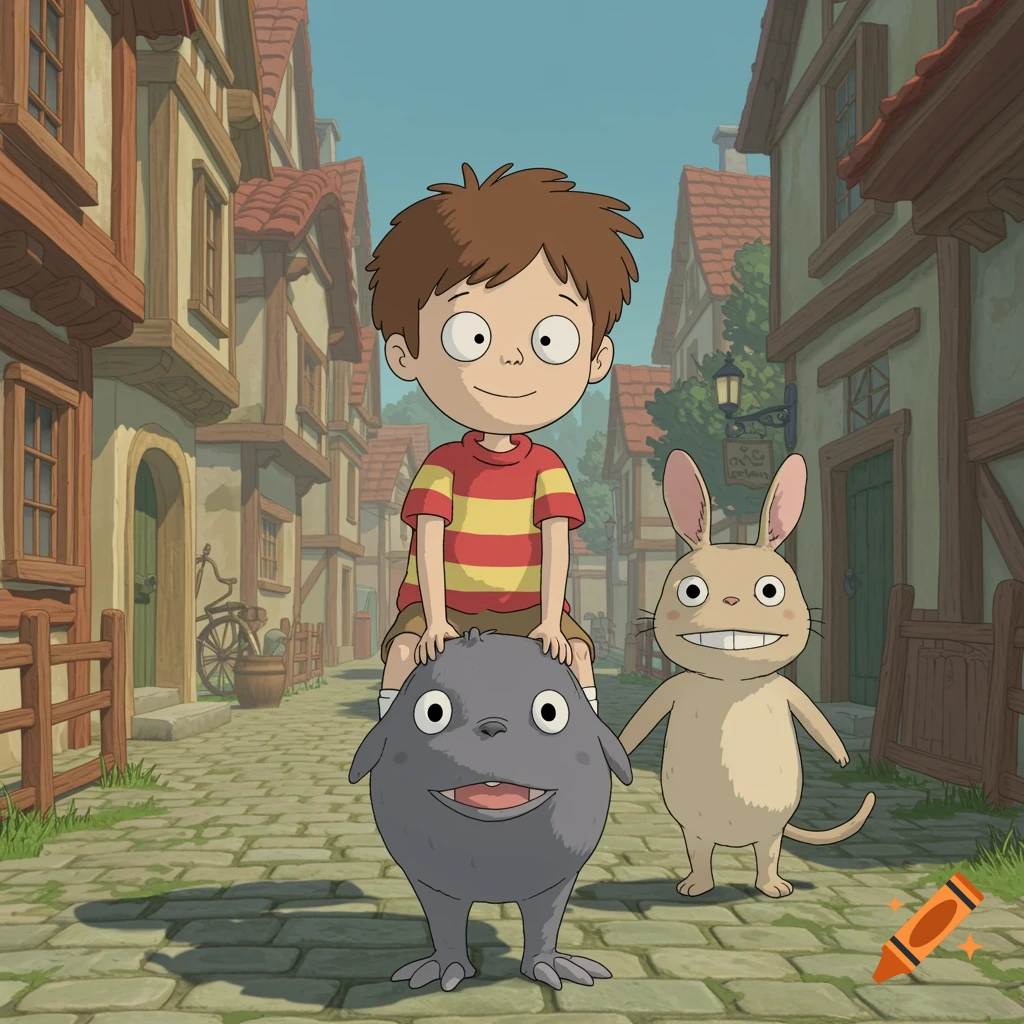 A boy rides a grey creature next to a rabbit-like creature in a Ghibli-style village street.
