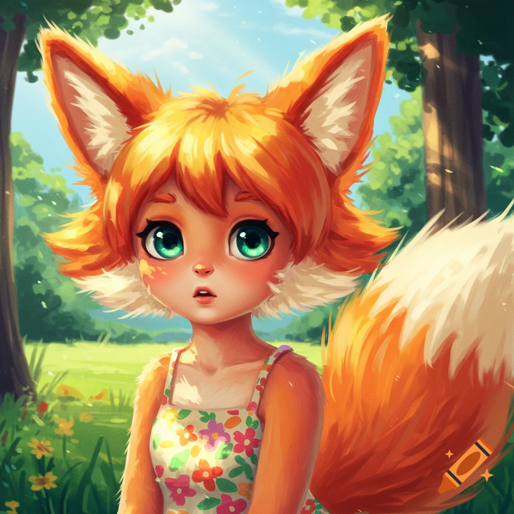 Cute cartoon furry fox girl in a floral dress in a field