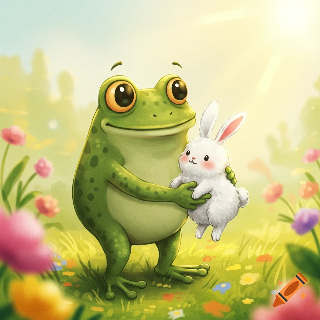 Cartoon illustration of a friendly green frog holding a small white bunny in a sunny field of flowers.