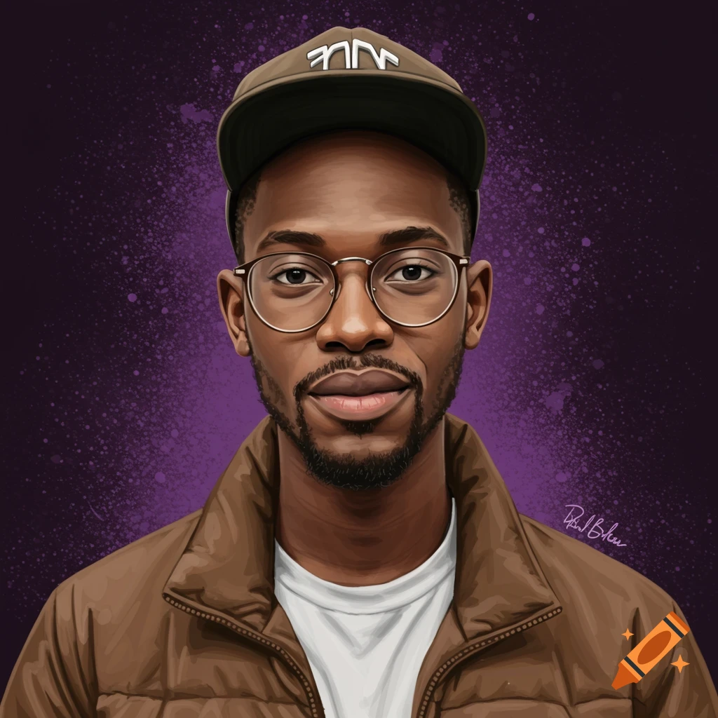 Digital illustration of a man wearing a baseball cap, glasses, and a puffer jacket, standing against a purple background.