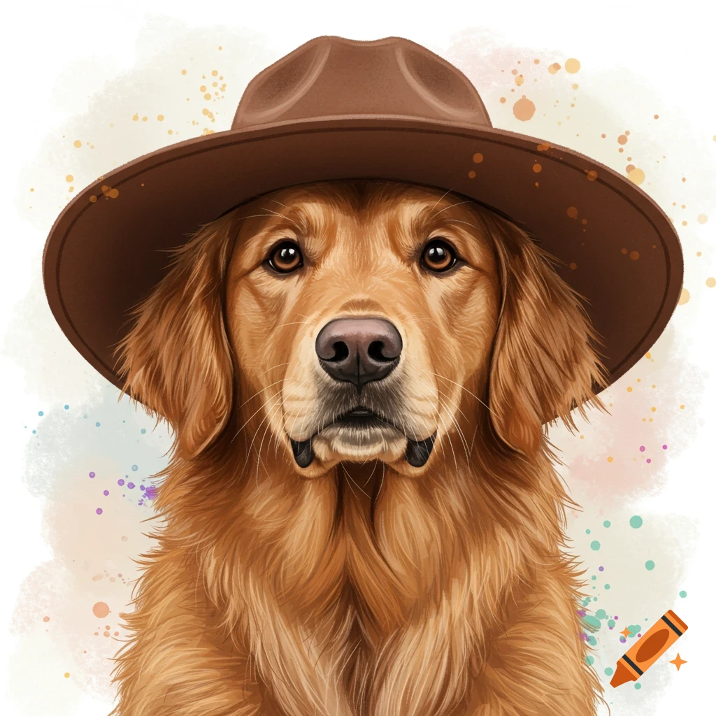 A golden retriever dog wearing a brown hat, in a watercolor style.