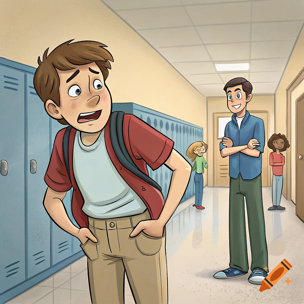 Cartoon illustration of a worried boy with a backpack in a school hallway, with other students in the background.