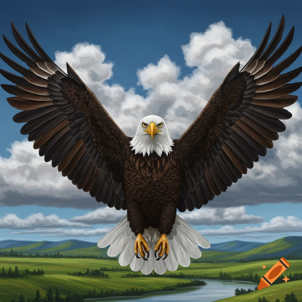 An American eagle flying with wings spread over a green landscape with a river and cloudy sky.