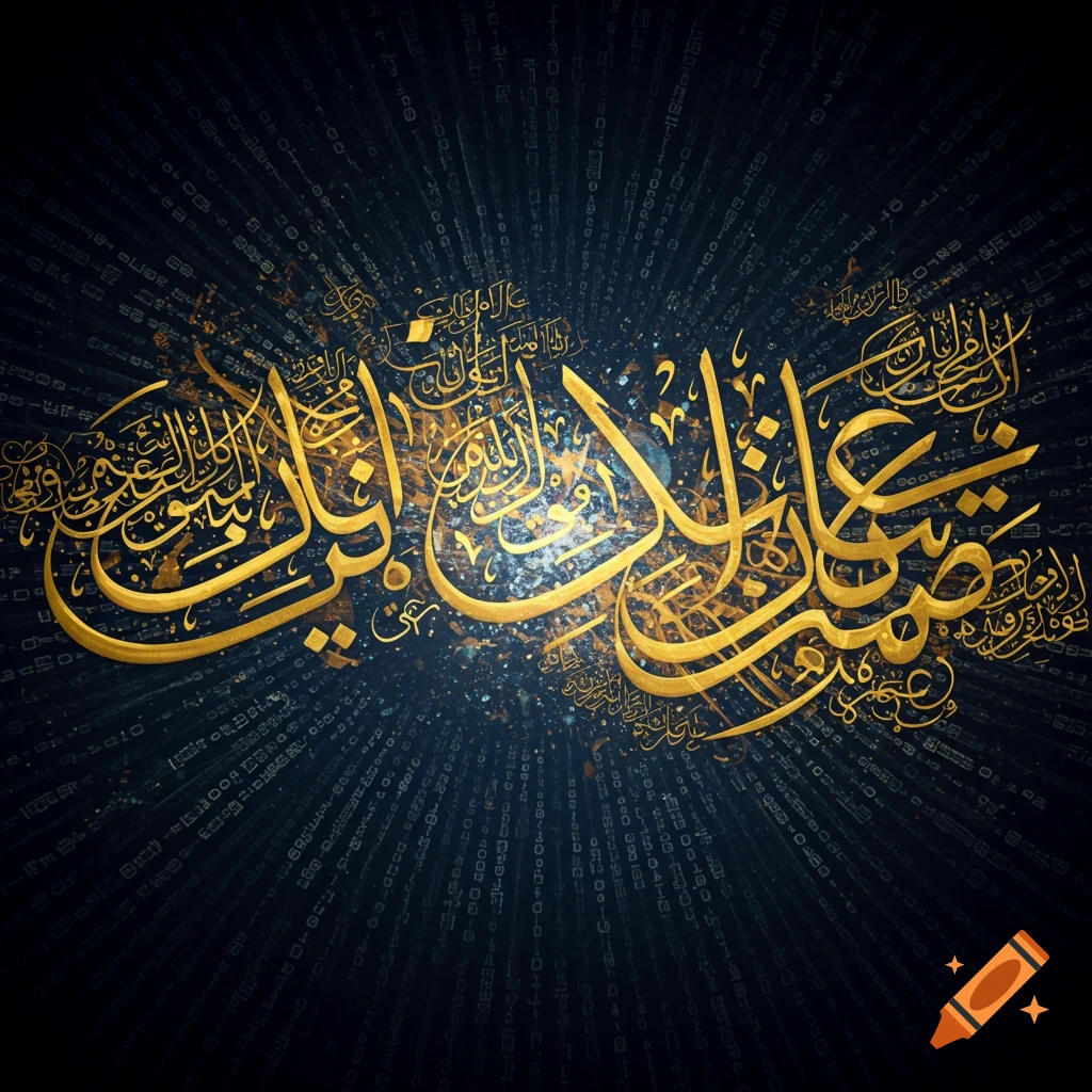 Golden Arabic calligraphy over a background of blue and gold abstract matrix code pattern.