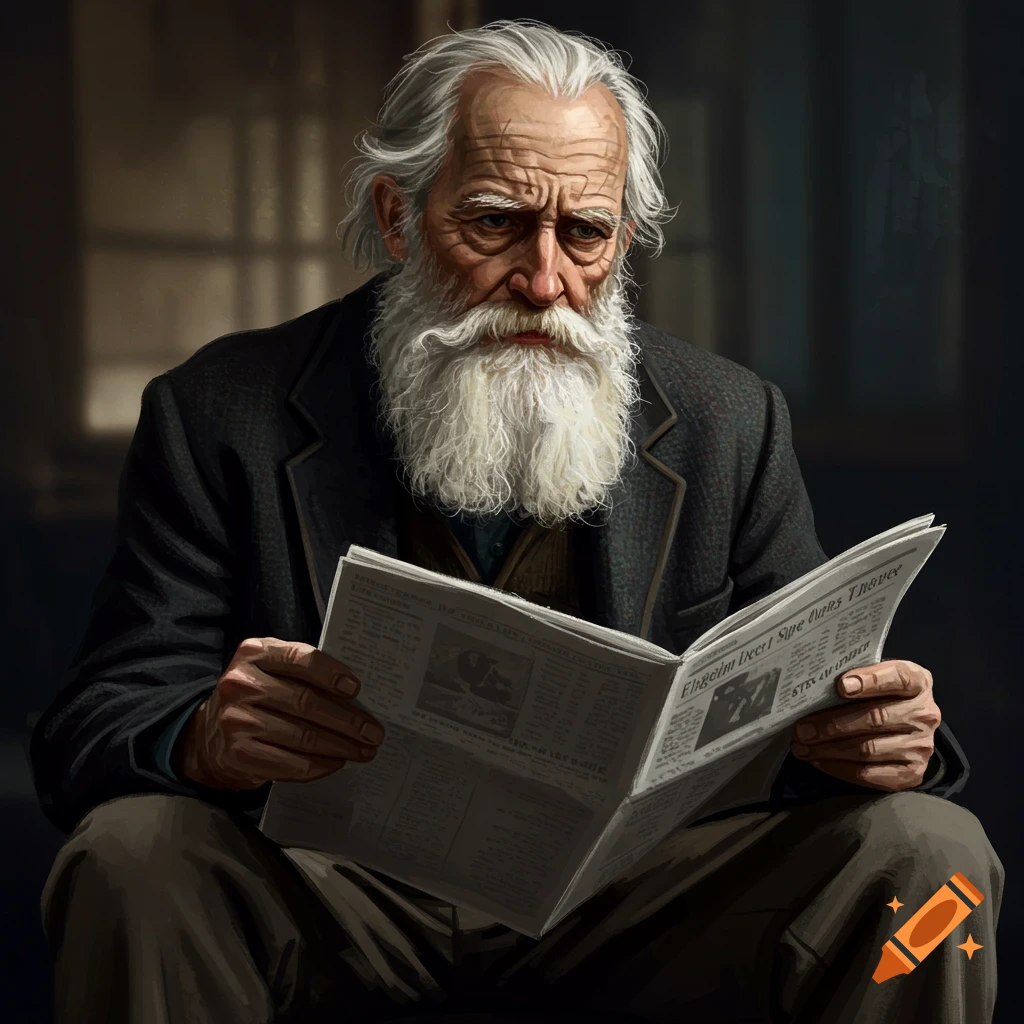 Painting of an old man with a long white beard reading a newspaper in dim light.