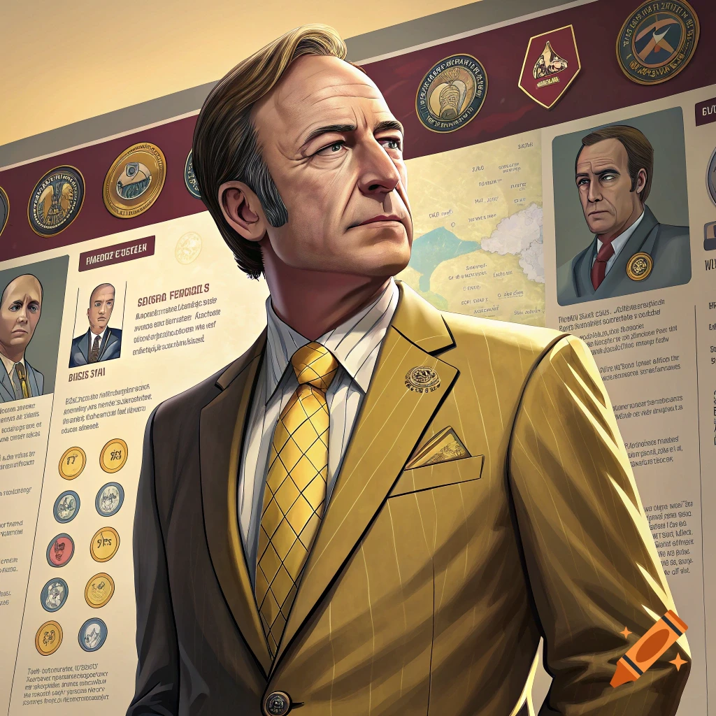 Portrait of a man resembling Saul Goodman in a suit, stylized like a Civilization 5 leader interface with background graphics.