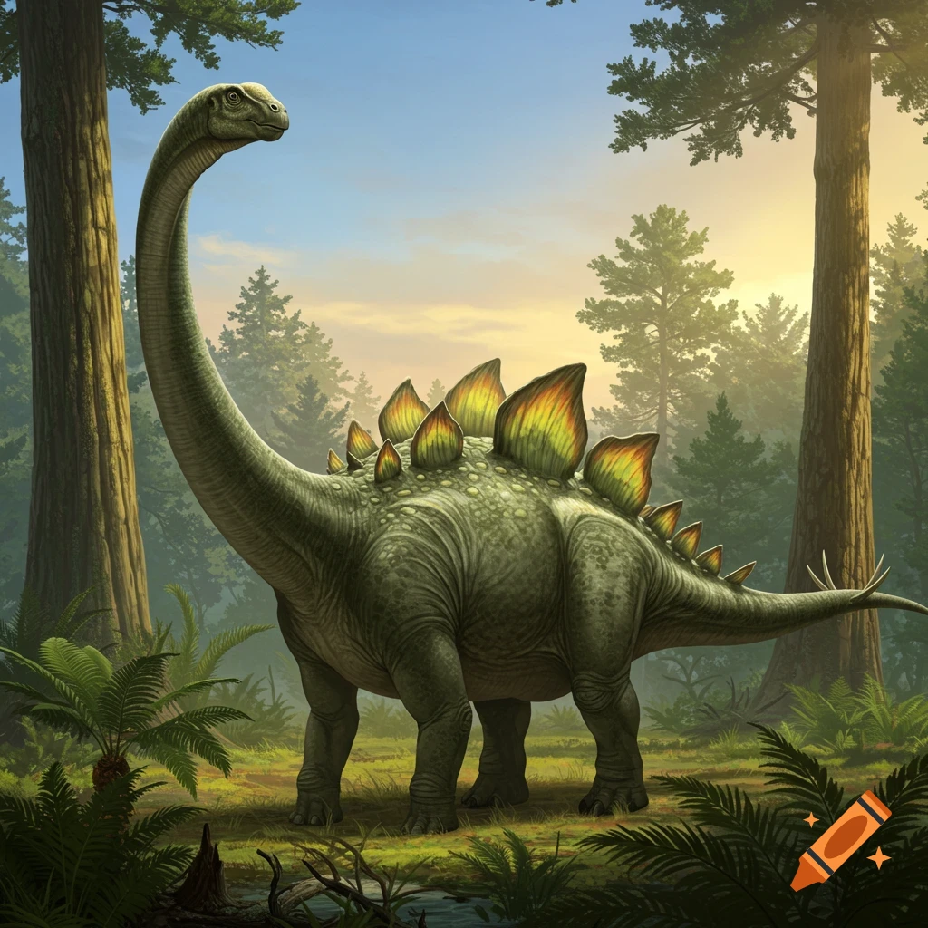 A hybrid dinosaur with a long neck and stegosaurus plates stands in a prehistoric forest.