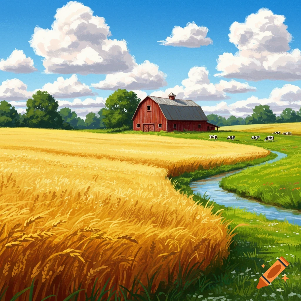A red barn stands beside a golden wheat field with a stream and cows grazing in the background under a blue sky.