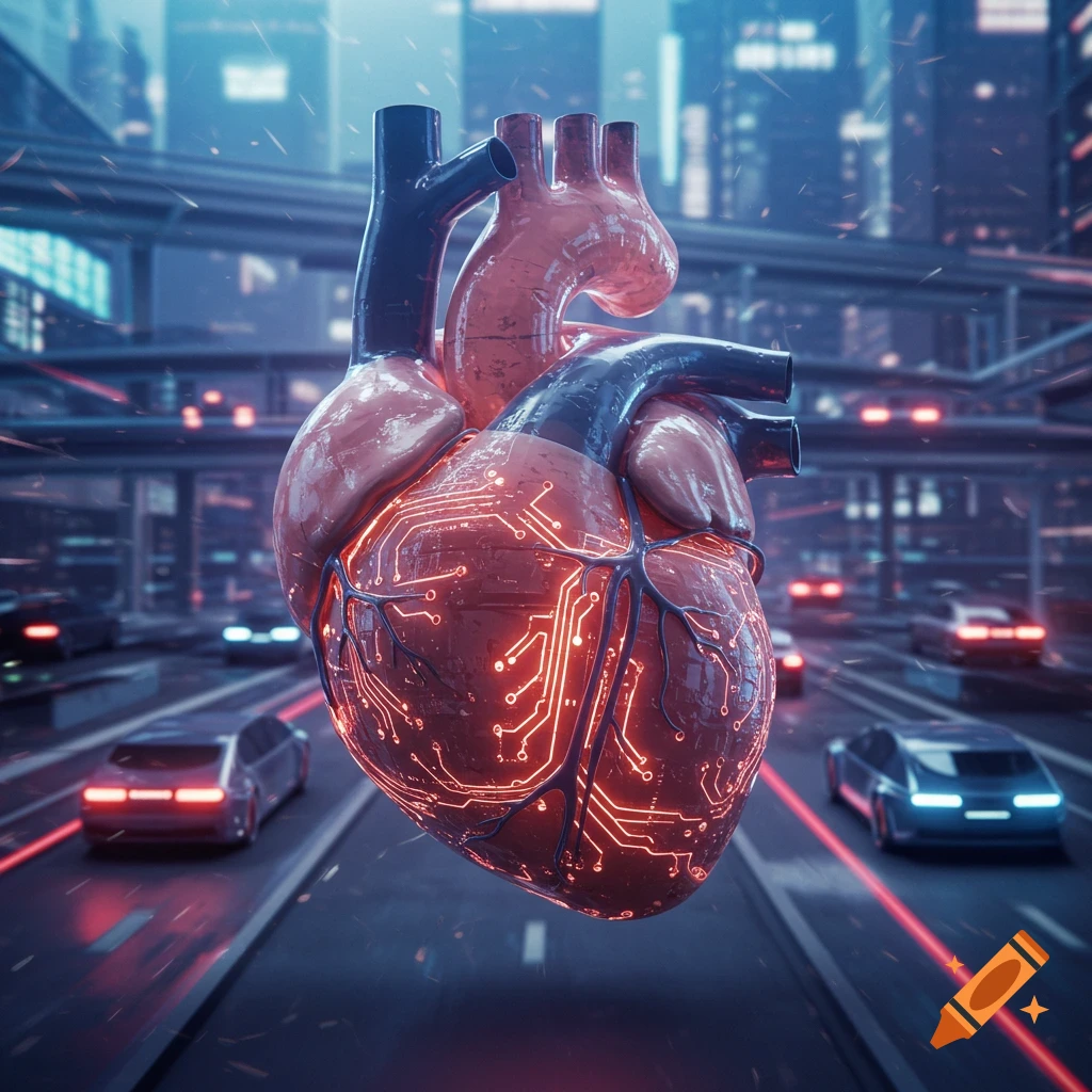 A digitalized heart with glowing circuits floats over a futuristic city highway.