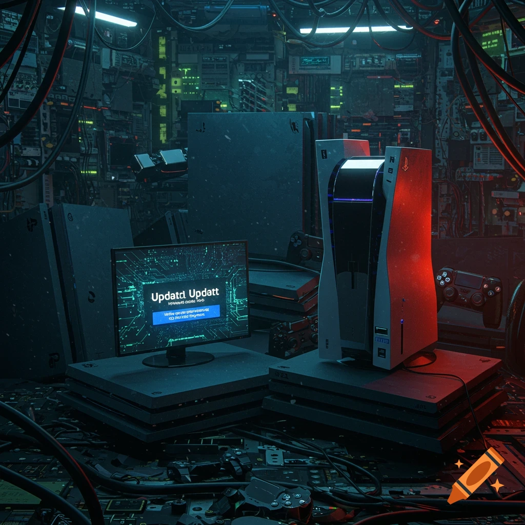 A PS5 and PS4 consoles sit in a chaotic, wired sci-fi environment with a screen showing a garbled update message.