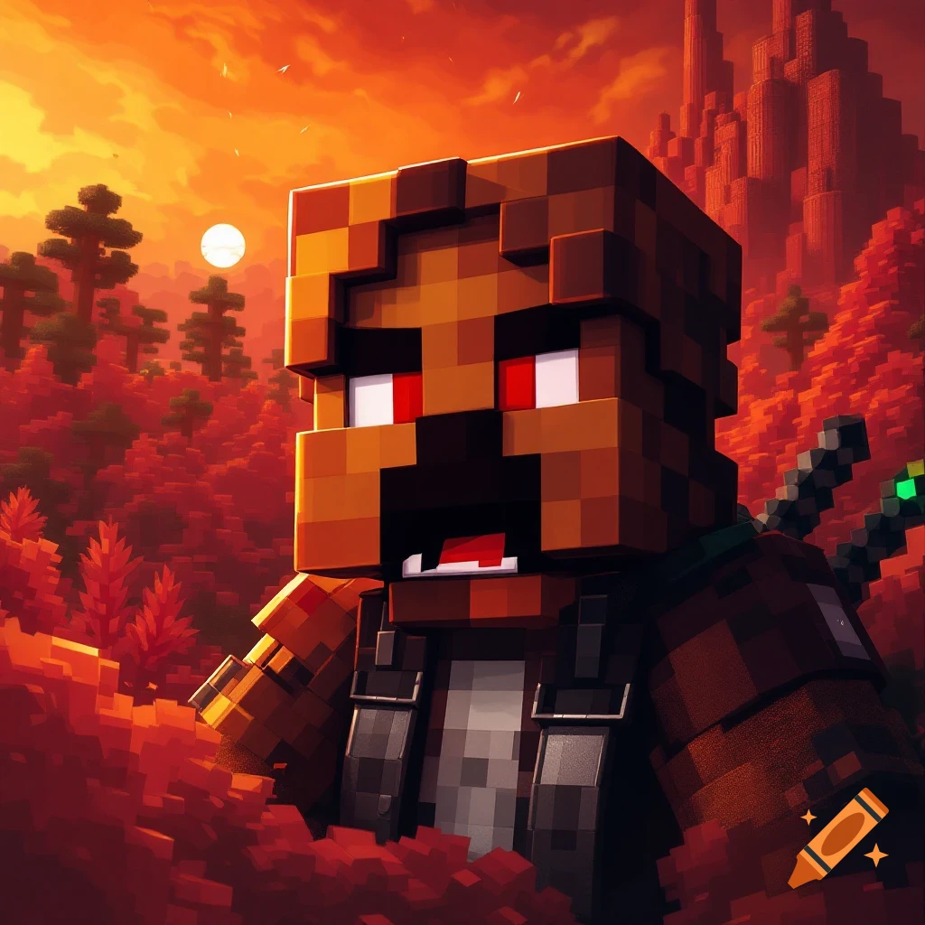A blocky character with red eyes stands in a pixelated orange forest landscape at sunset.