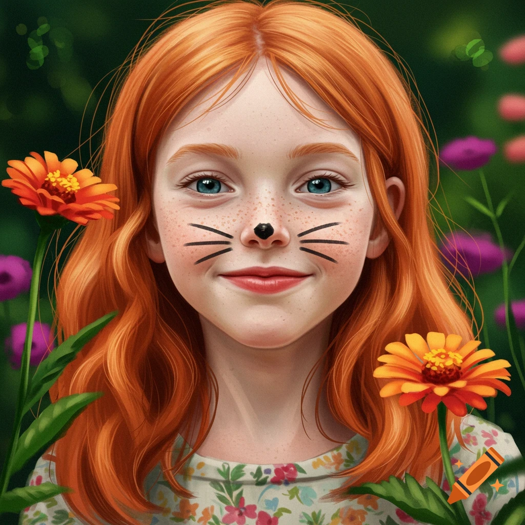 Portrait of a red-haired girl with cat whiskers face paint standing among flowers.