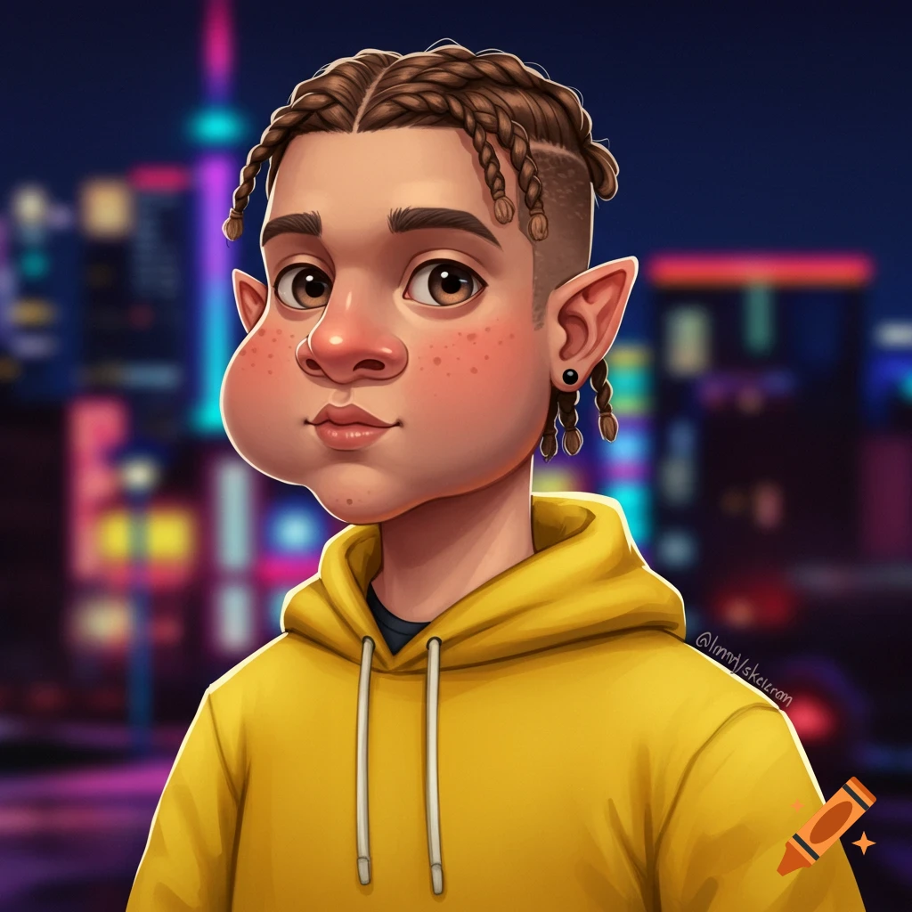 Stylized illustration of a person with braided hair, chubby cheeks, and freckles, wearing a yellow hoodie, against a blurry city lights background.