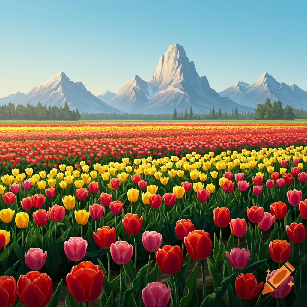 A vibrant field of red, yellow, and pink tulips stretches towards distant mountains under a clear blue sky.