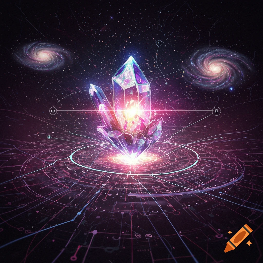 Digital art of a glowing crystal over a circuit board pattern in space with galaxies.