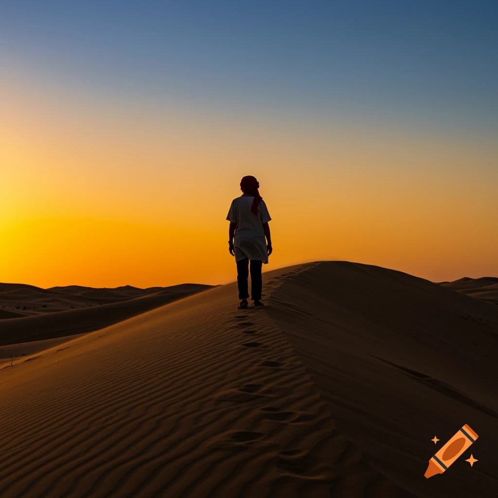Person standing on a desert dune looking at a sunset.