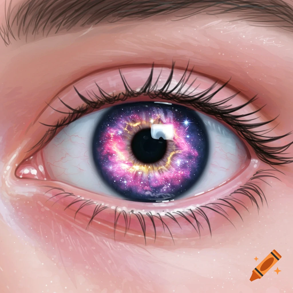 Close-up illustration of a human eye with a colorful galaxy inside the iris.