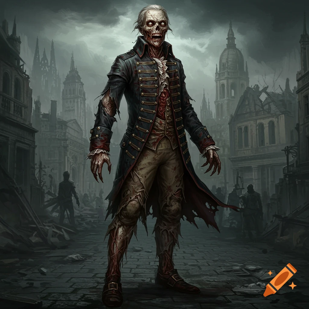 Full body zombie in a military coat standing in a ruined city street.