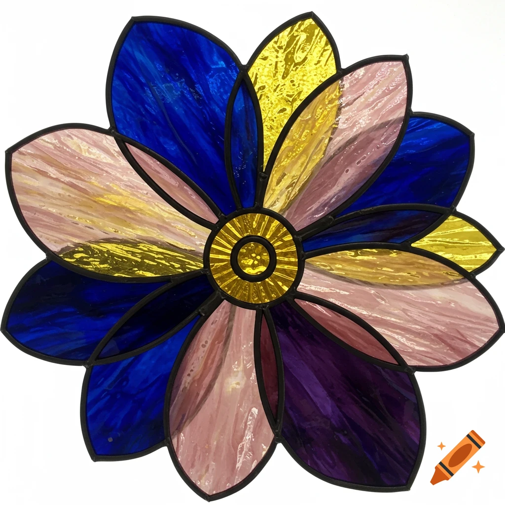 A colorful stained glass flower with blue, yellow, pink, and purple petals.