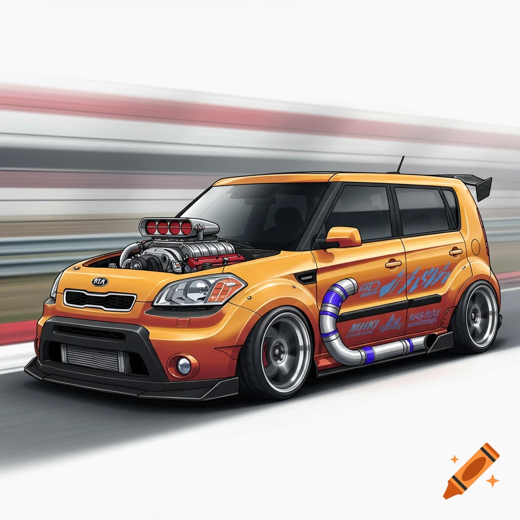 Illustrated orange Kia Soul with a large engine and supercharger visible, wide body kit, on a race track
