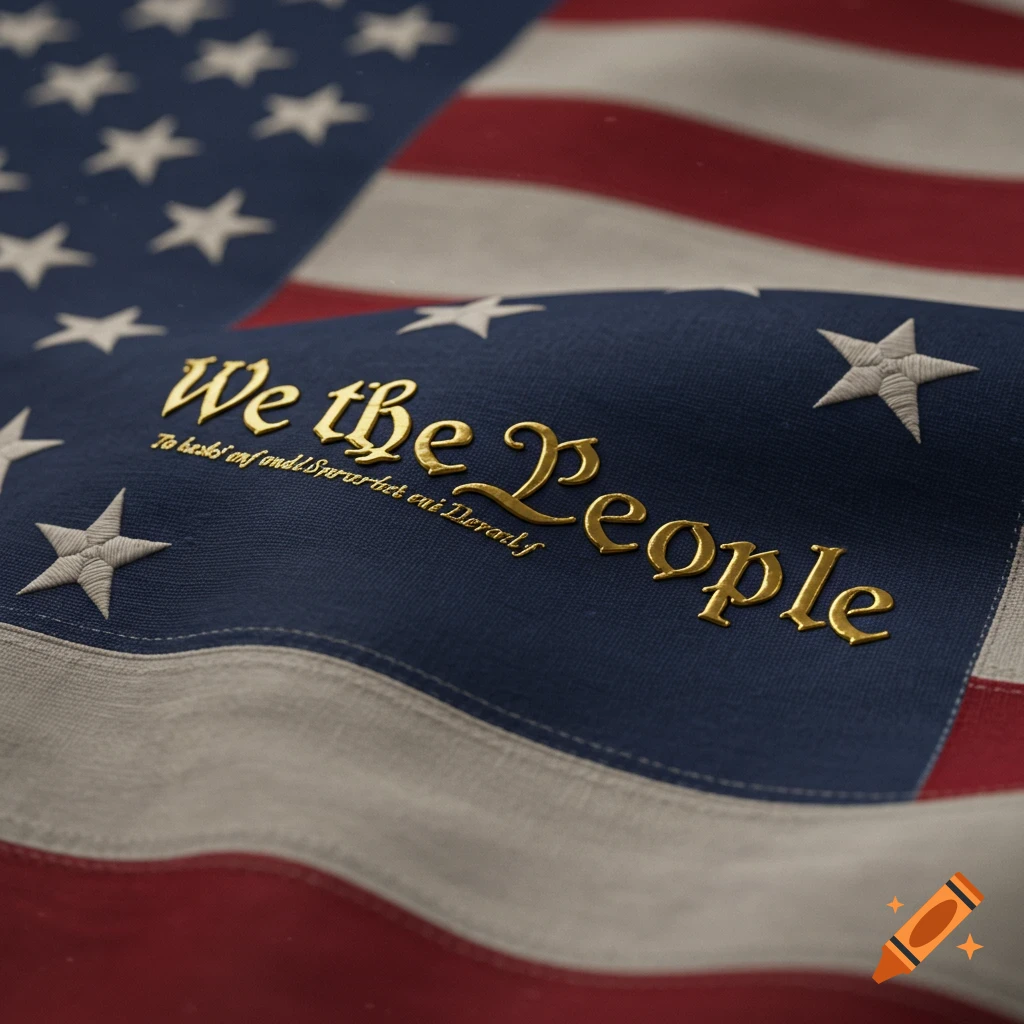 Close-up of an American flag with "We the People" embossed in gold.