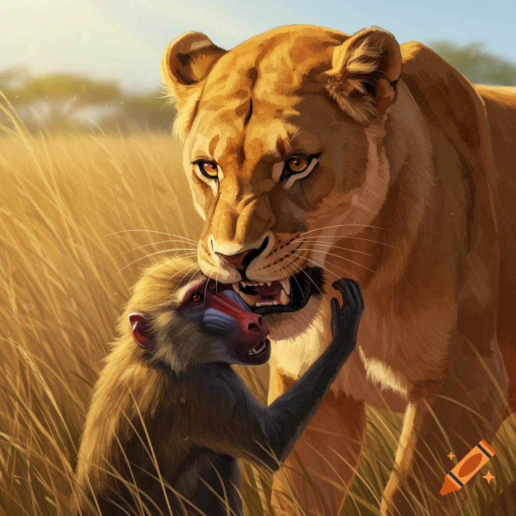 Realistic image of a lioness biting a baboon by the head in tall grass.
