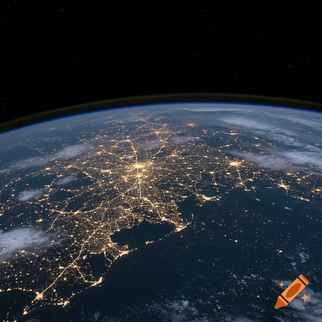 High altitude view of Earth at night showing glowing city lights across land and coastlines, with stars visible above.