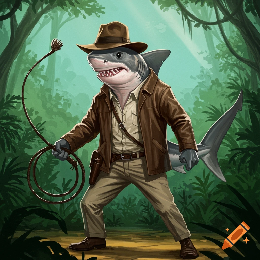 An anthropomorphic thresher shark dressed as Indiana Jones stands in a jungle with a whip.