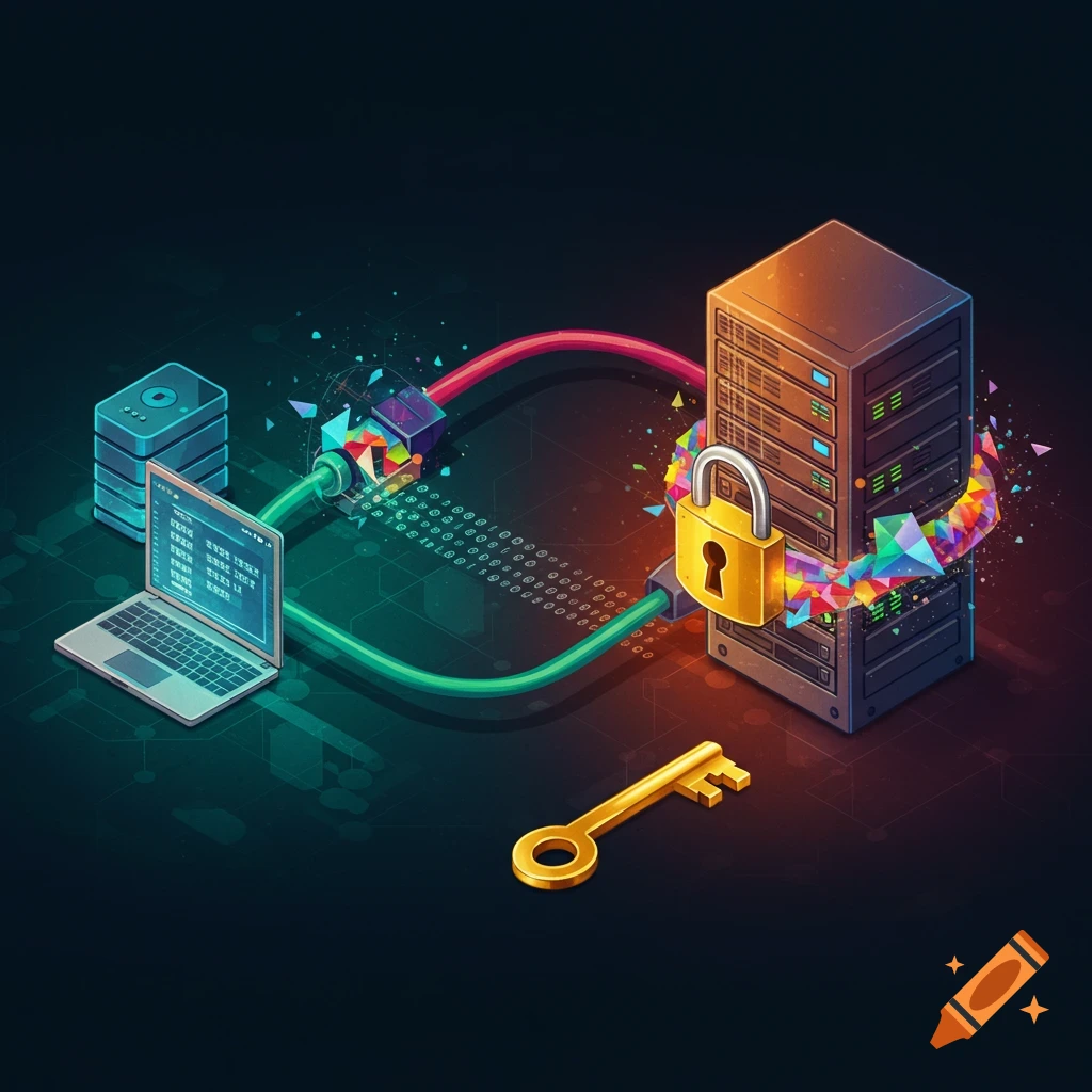 Isometric illustration of client-server communication with encryption, showing a laptop, server rack with padlock, key, and data flowing.