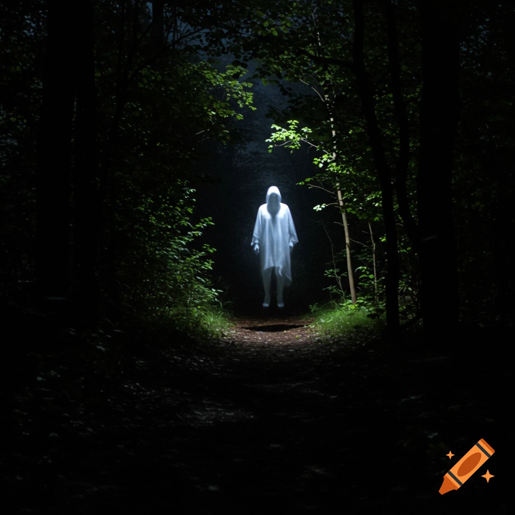 A figure in a white sheet floats on a path through a dark forest at night.