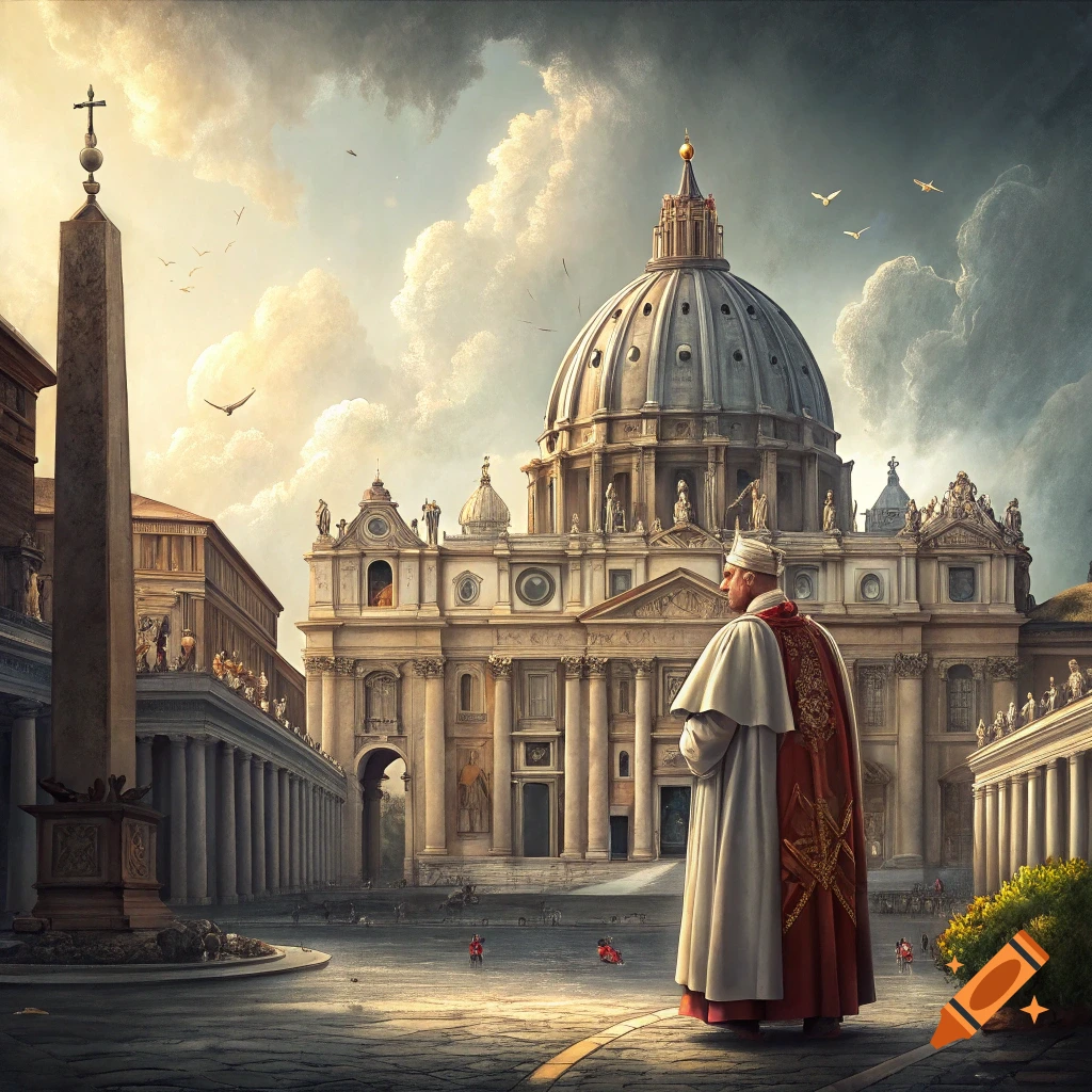 A figure resembling the Pope stands in St. Peter's Square, looking towards the basilica in a historical art style.