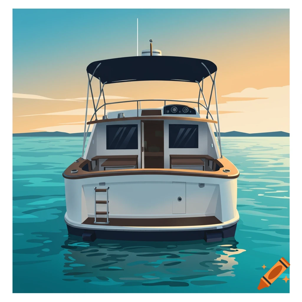 Illustration of the back of a cabin cruiser boat on the water at sunset.
