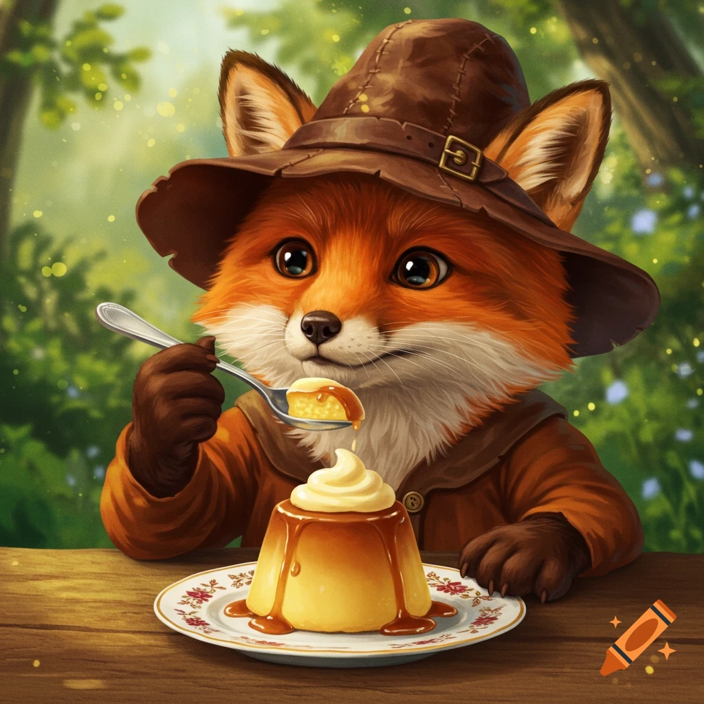 A fantasy illustration of a fox in a hat eating pudding from a plate.