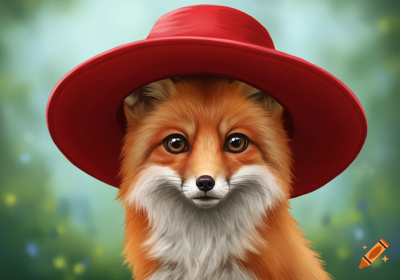 A cute fox wearing a red hat in a blurry green background.