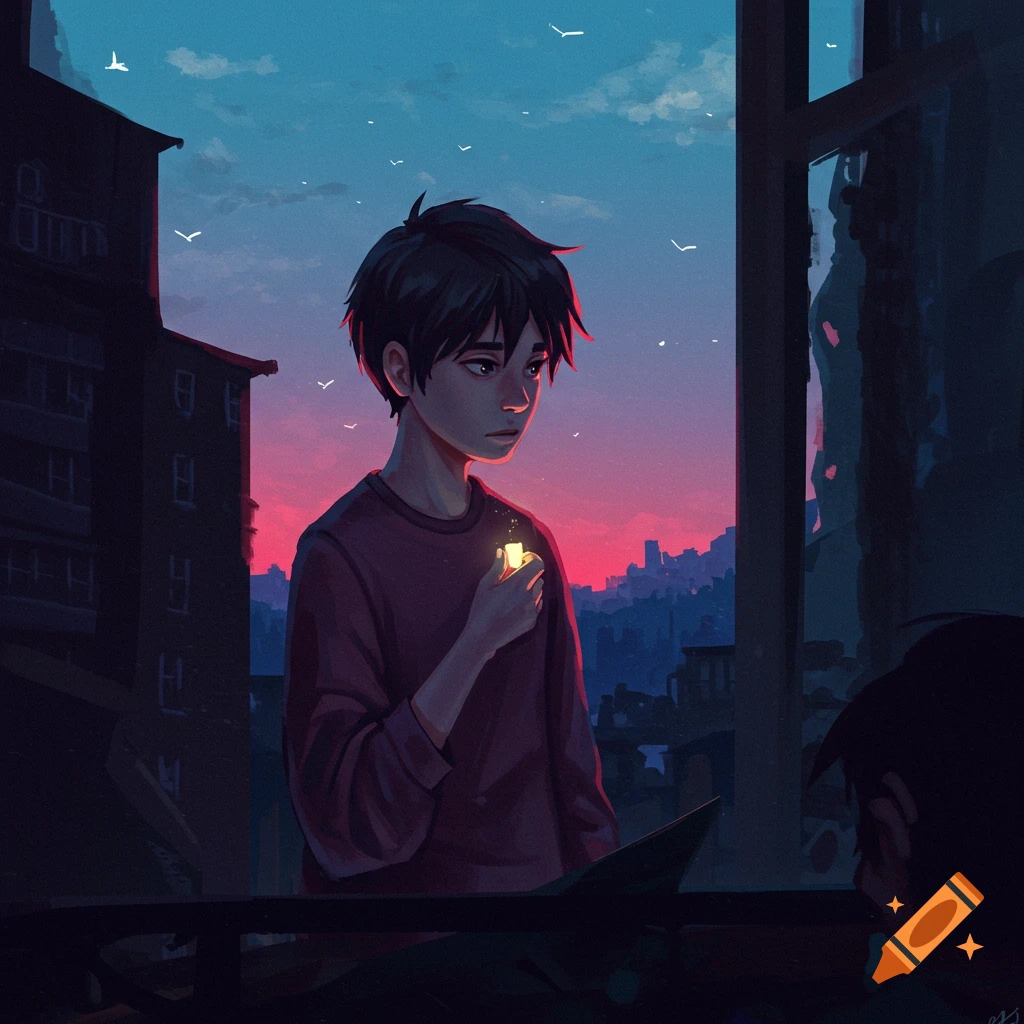 Illustration of young person at window watching sunset over city