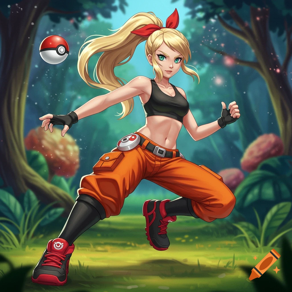 A female Pokemon trainer in a dynamic pose with a Poke Ball in a forest setting, in an anime art style.
