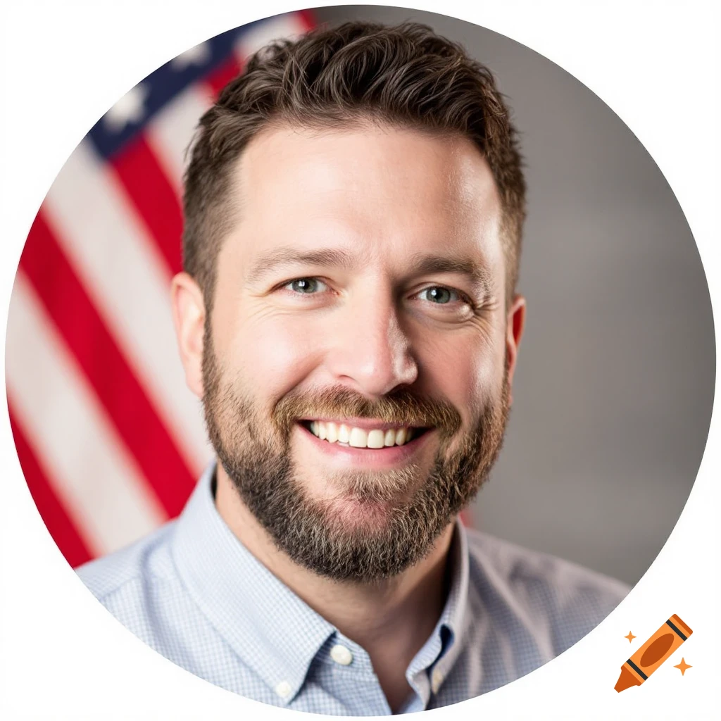 A smiling man with a beard in a portrait with an American flag background.