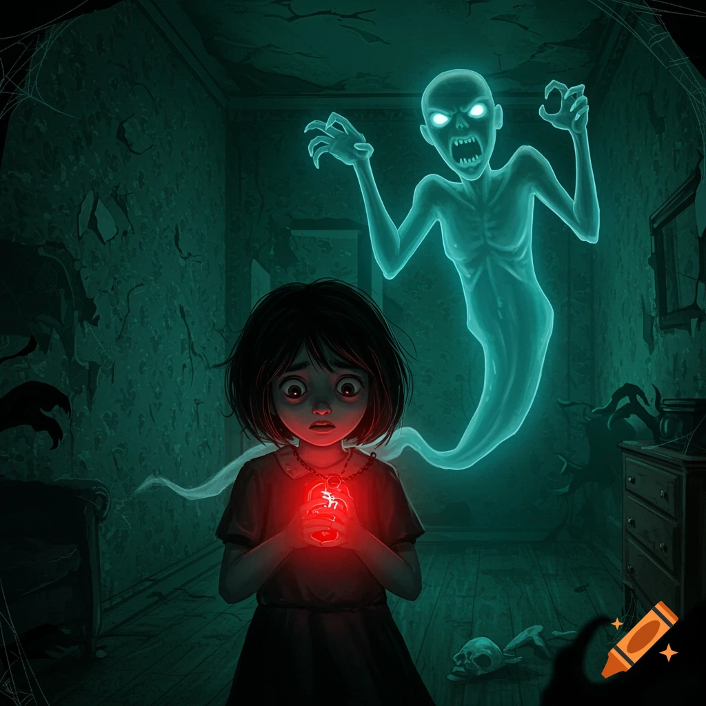 Girl with red amulet facing a scary ghost in a dark, creepy room