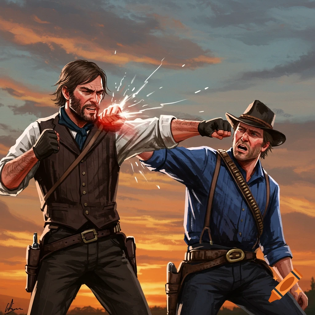 Two cowboys punch each other during sunset in an illustrative style.