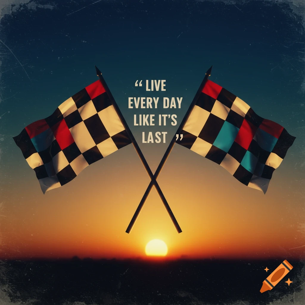 Crossed checkered racing flags against a sunset, with the quote "Live Every Day Like It's Last".