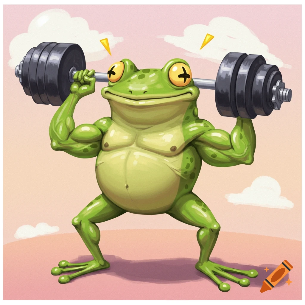 A muscular cartoon frog smiles while lifting a heavy barbell overhead.
