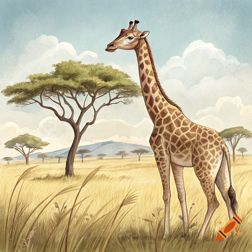 Illustration of a giraffe standing in a savanna landscape with acacia trees