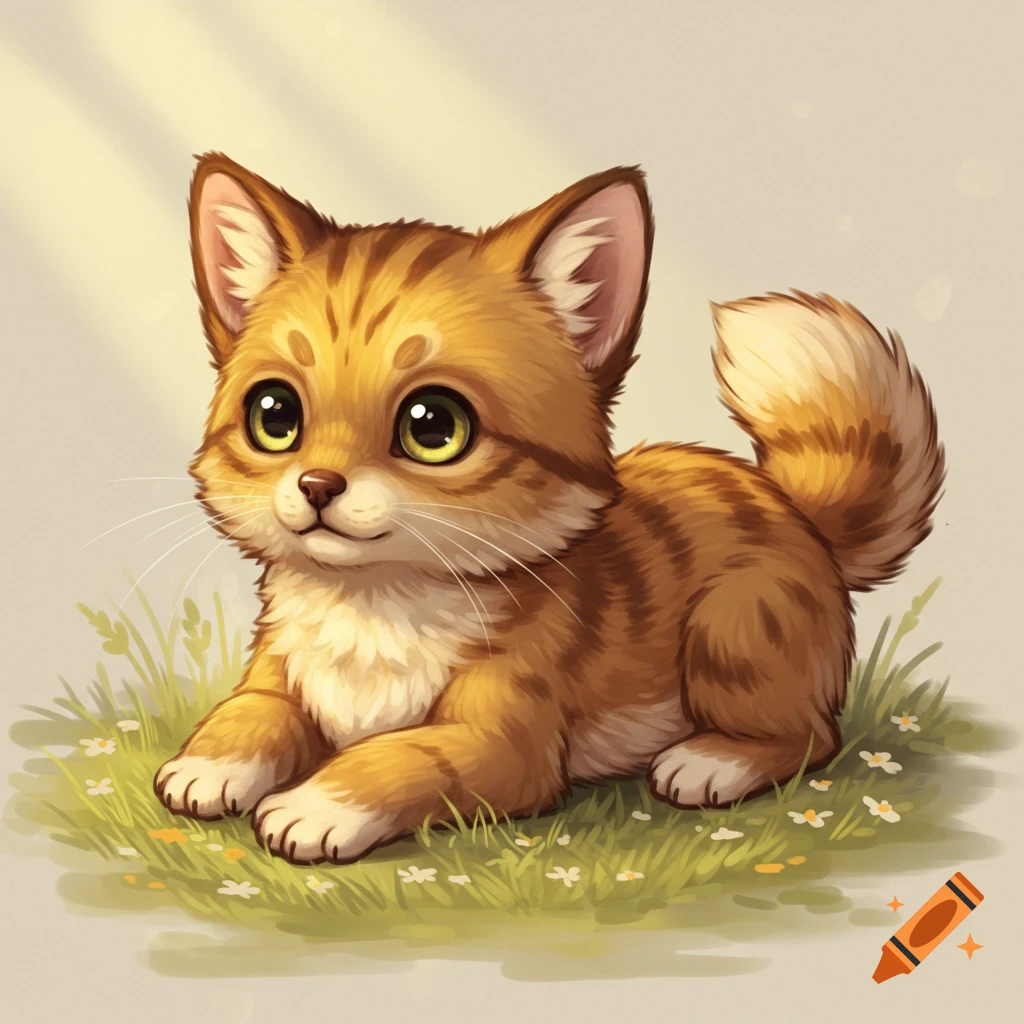 A cute cartoon ginger kitten with big green eyes lies in grass with flowers.