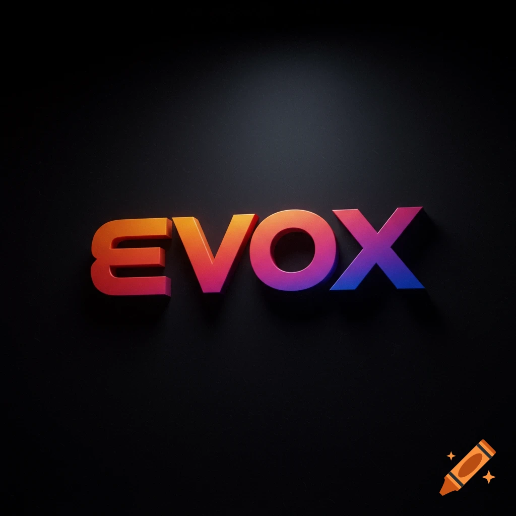 3D gradient color text spelling EVOX on a dark background