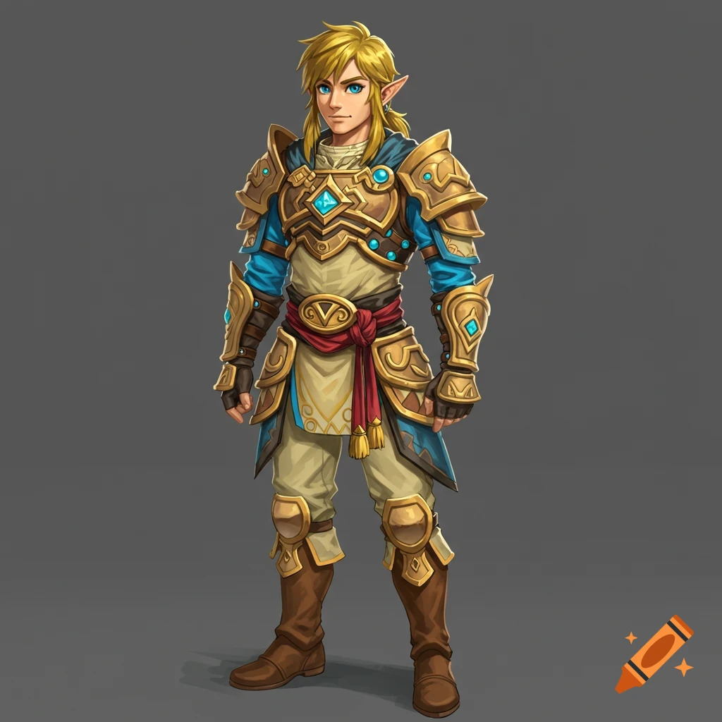 Full-body illustration of Link in golden fantasy armor against a grey background in an anime style.