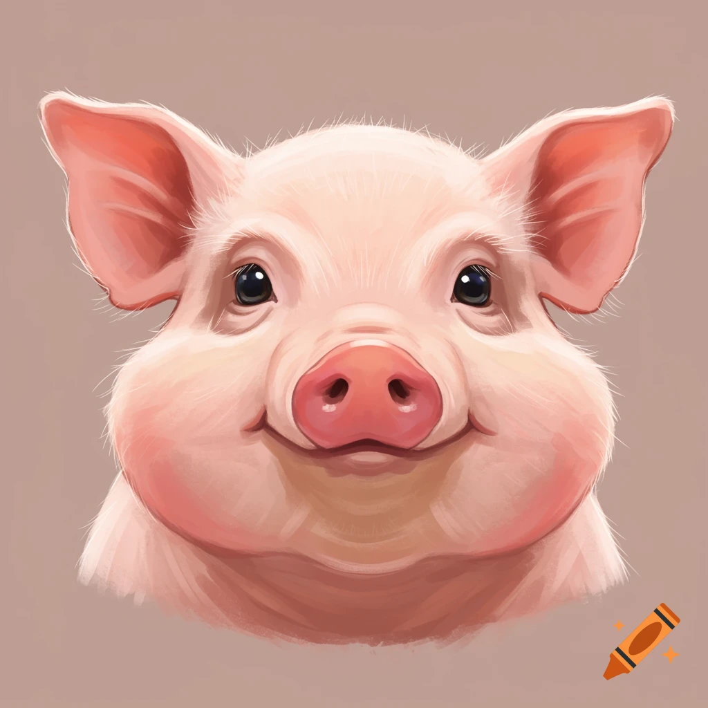 A close-up illustrated portrait of a smiling pink piglet with puffy cheeks.